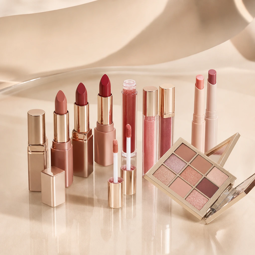 Premium private label color cosmetics product lineup with lipstick, lip gloss and lip balm for OEM ODM makeup manufacturing